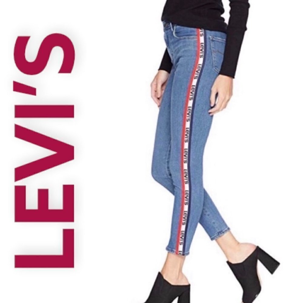 LEVI’S 721 SEQUINED LOGO RACING STRIPE RAW HEM HIGH RISE‎ ANKLE JEANS, Size 29